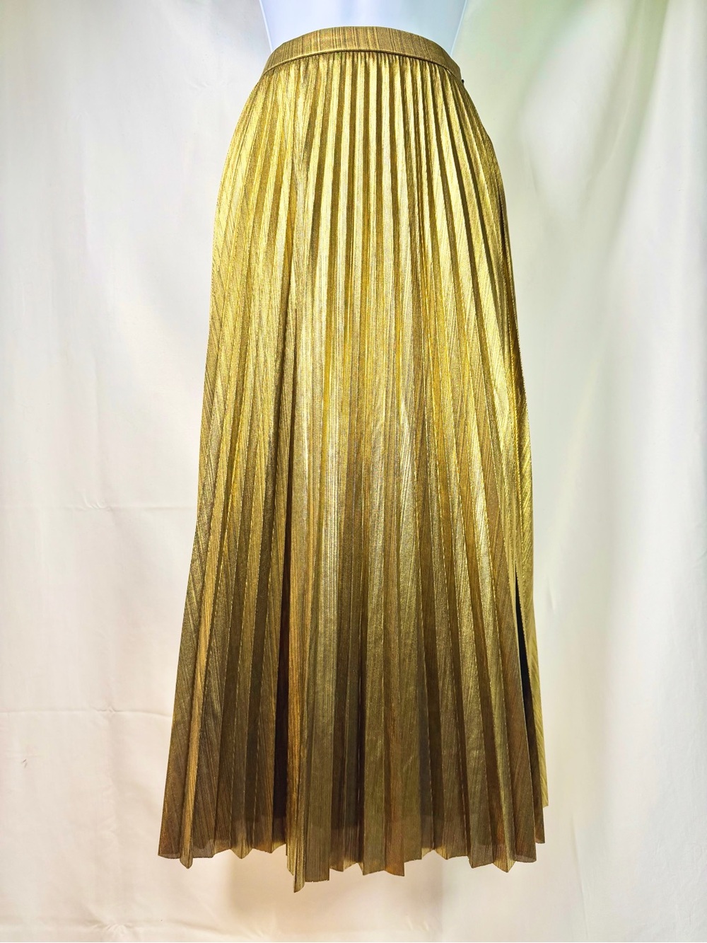 Gold Metallic Lamé Pleated Midi Skirt Party Disco Glam NWT XS
